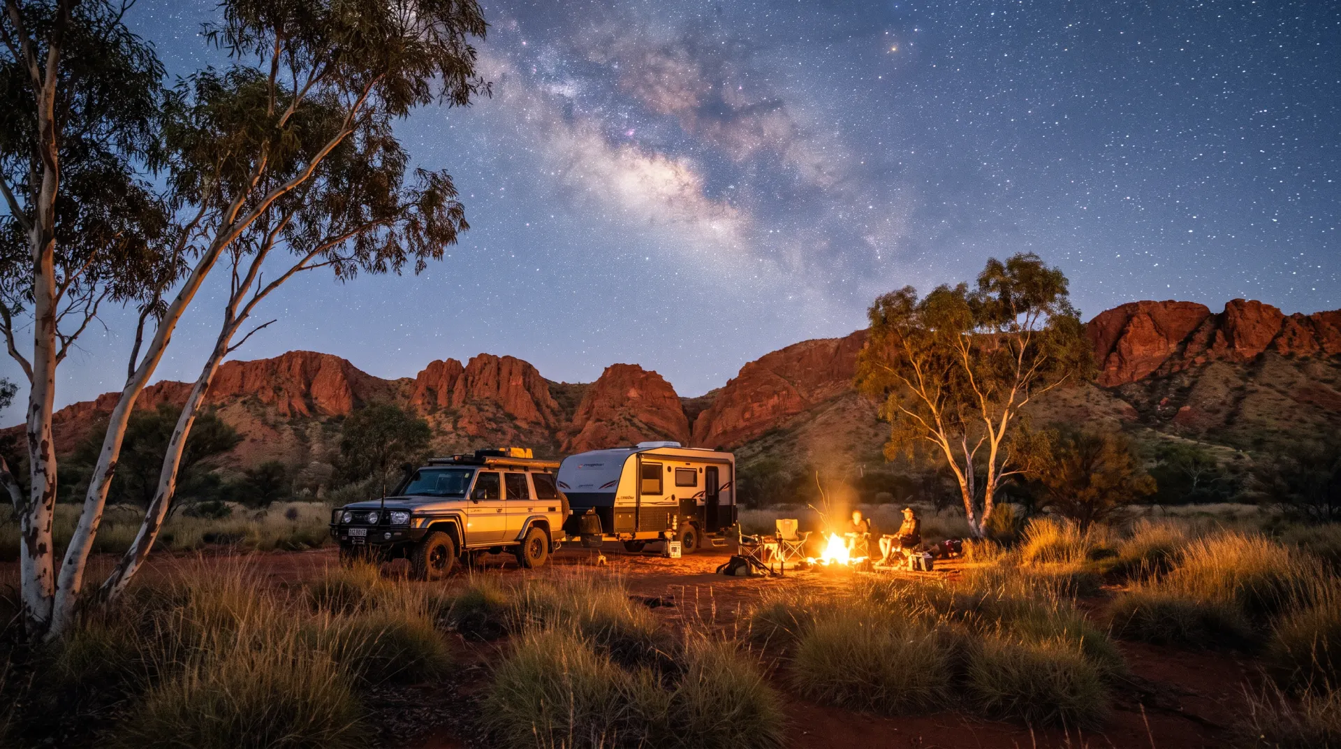 4WD and caravan at an outback campsite