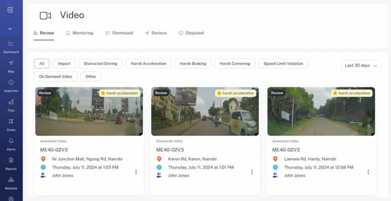 Video telematics events on the platform